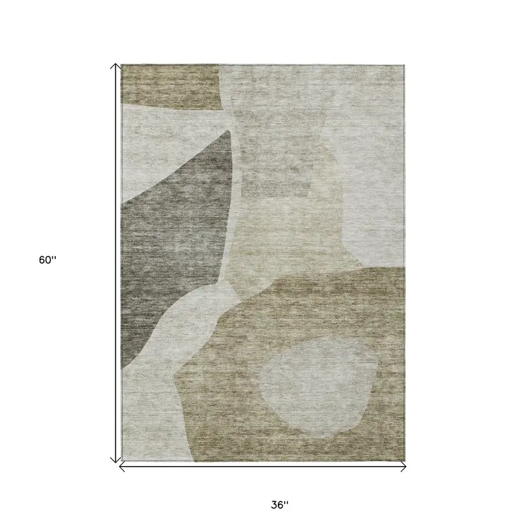 3' X 5' Taupe Brown And Beige Abstract Washable Indoor Outdoor Area Rug