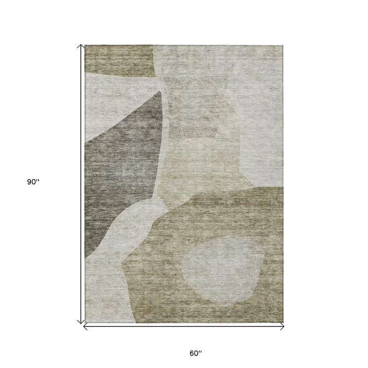 5' X 8' Taupe Brown And Beige Abstract Washable Indoor Outdoor Area Rug