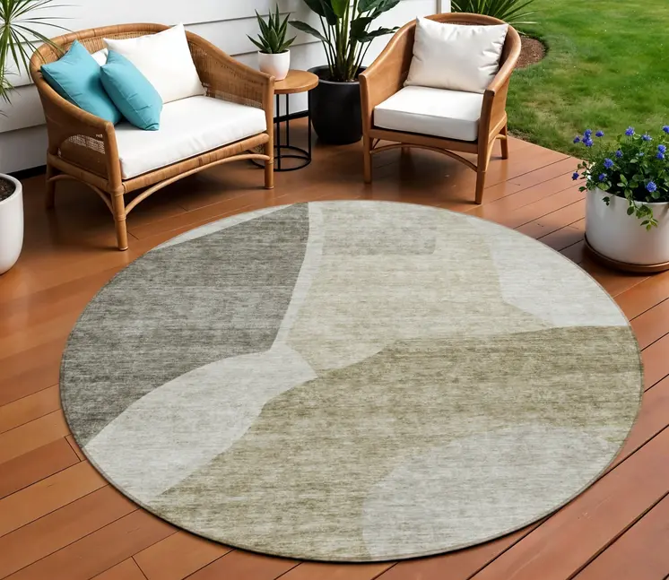8' Taupe Brown And Beige Round Abstract Washable Indoor Outdoor Area Rug