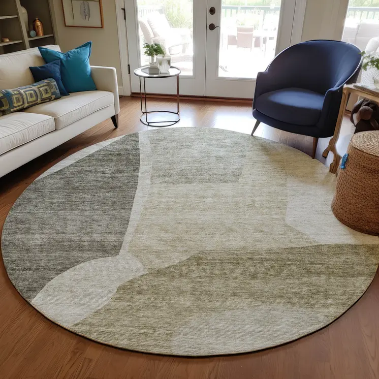 8' Taupe Brown And Beige Round Abstract Washable Indoor Outdoor Area Rug