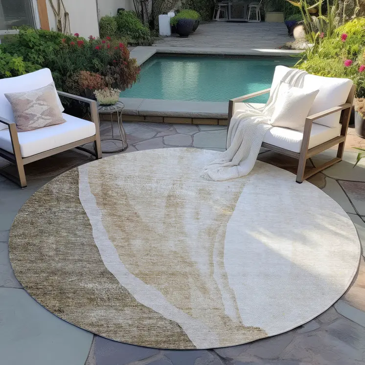 8' Brown And Taupe Round Abstract Washable Indoor Outdoor Area Rug