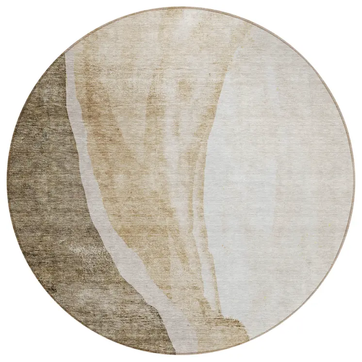 8' Brown And Taupe Round Abstract Washable Indoor Outdoor Area Rug