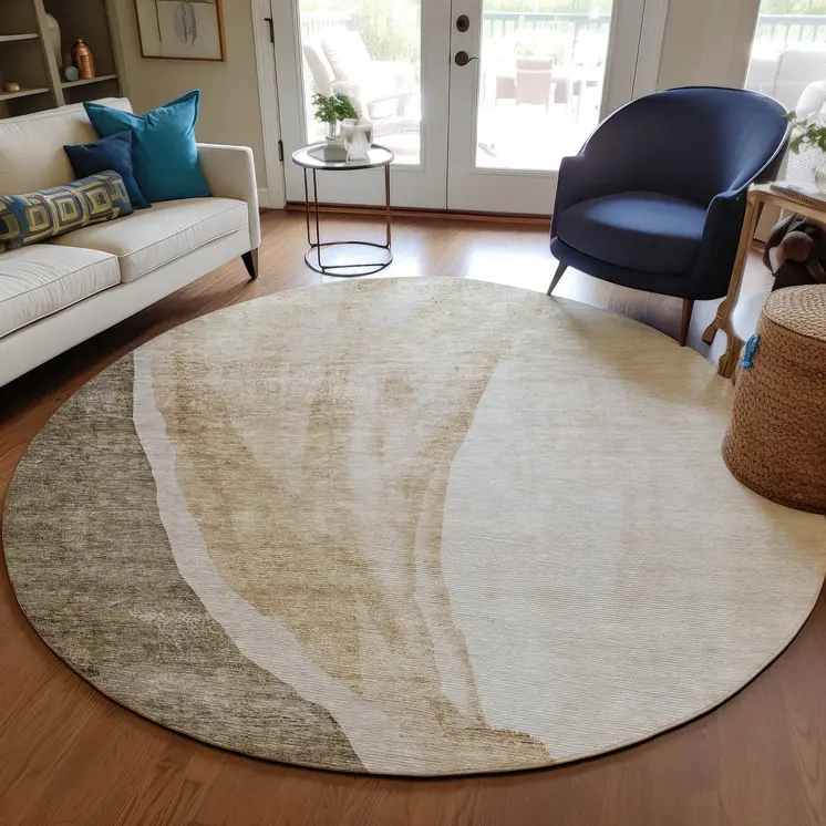 8' Brown And Taupe Round Abstract Washable Indoor Outdoor Area Rug