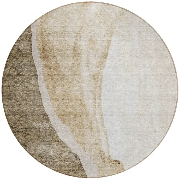8' Brown And Taupe Round Abstract Washable Indoor Outdoor Area Rug