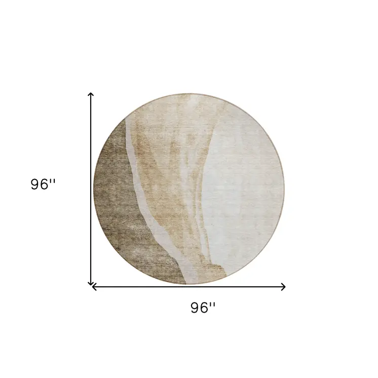 8' Brown And Taupe Round Abstract Washable Indoor Outdoor Area Rug