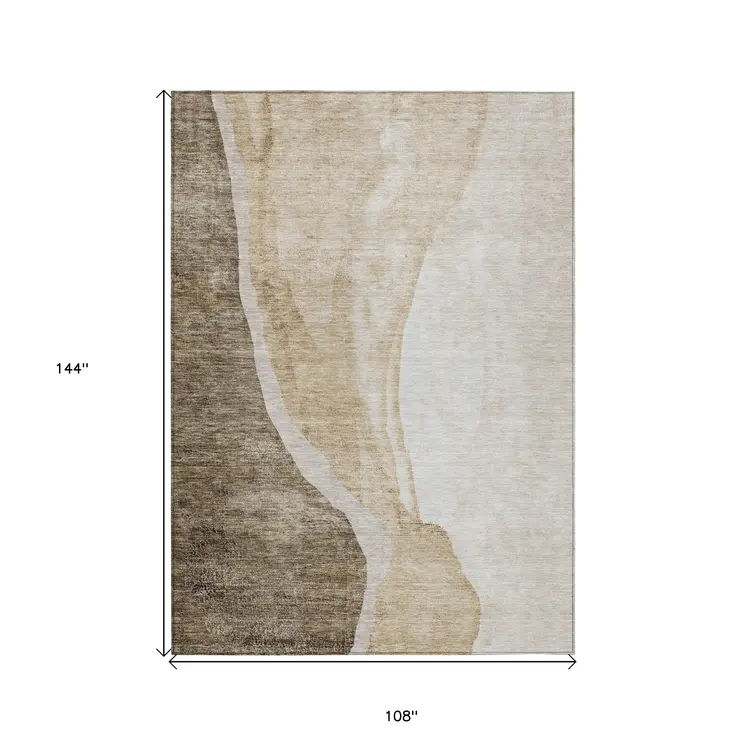 9' X 12' Brown And Taupe Abstract Washable Indoor Outdoor Area Rug