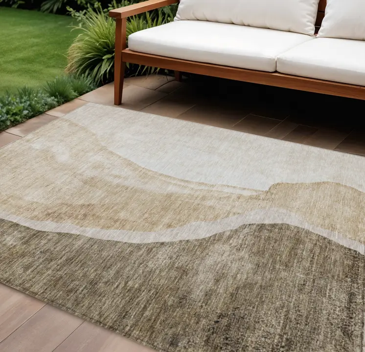 9' X 12' Brown And Taupe Abstract Washable Indoor Outdoor Area Rug