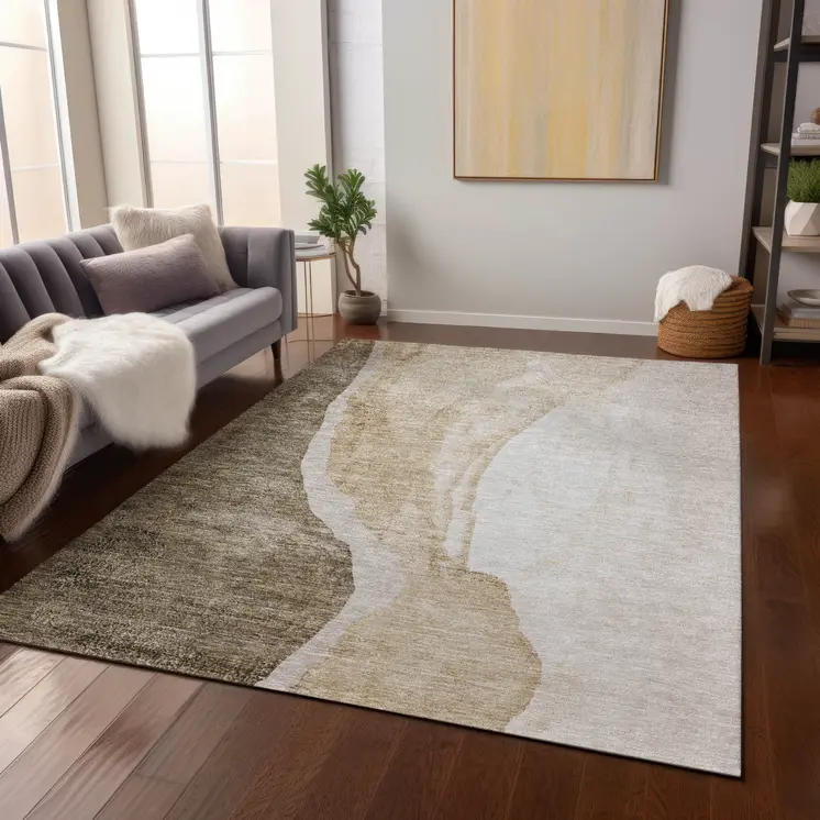 9' X 12' Brown And Taupe Abstract Washable Indoor Outdoor Area Rug