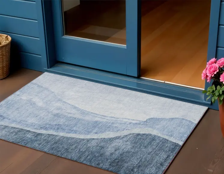 3' X 5' Navy Blue And Sky Blue Abstract Washable Indoor Outdoor Area Rug