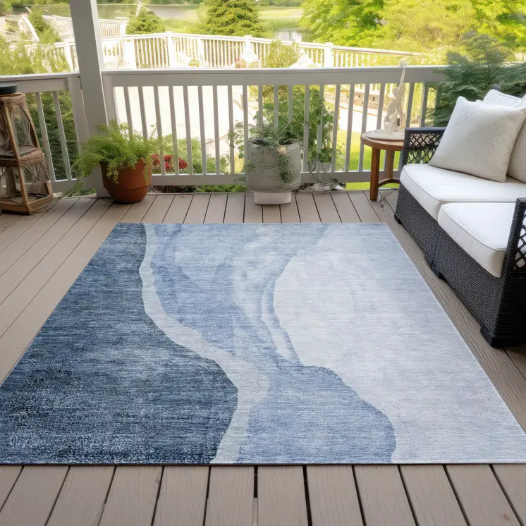 3' X 5' Navy Blue And Sky Blue Abstract Washable Indoor Outdoor Area Rug