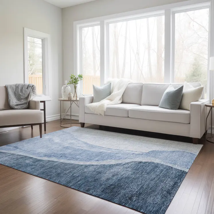 3' X 5' Navy Blue And Sky Blue Abstract Washable Indoor Outdoor Area Rug