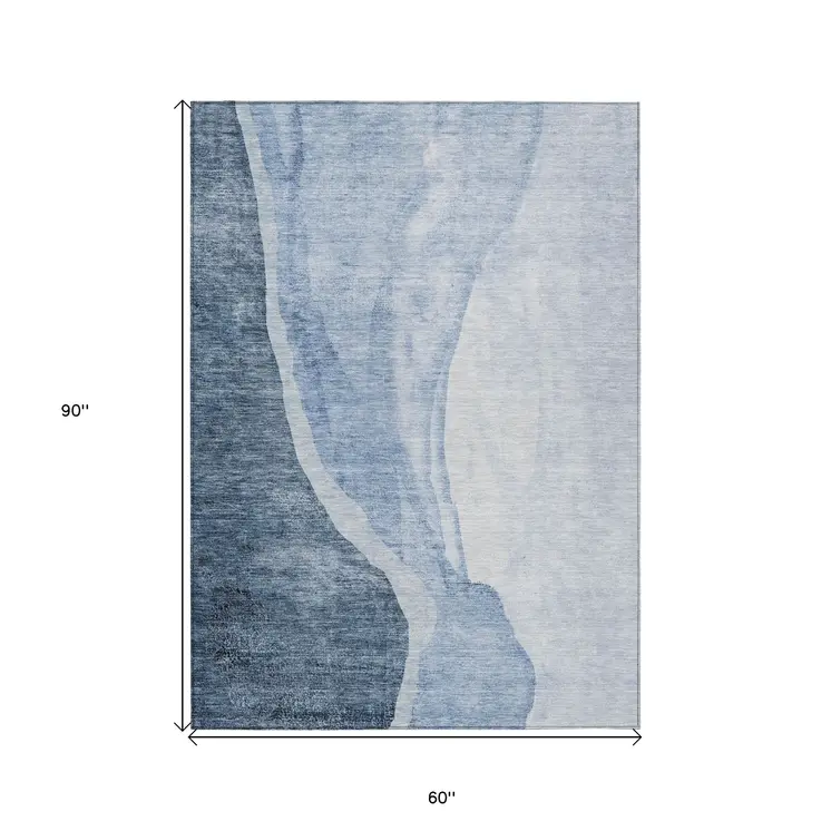 5' X 8' Navy Blue And Sky Blue Abstract Washable Indoor Outdoor Area Rug