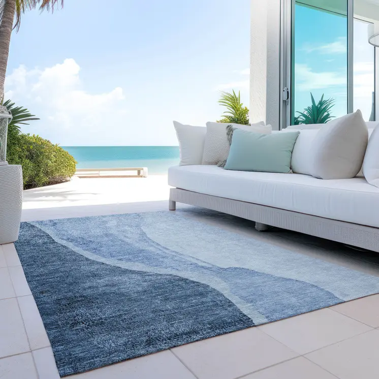 5' X 8' Navy Blue And Sky Blue Abstract Washable Indoor Outdoor Area Rug
