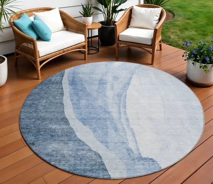 8' Navy Blue And Sky Blue Round Abstract Washable Indoor Outdoor Area Rug