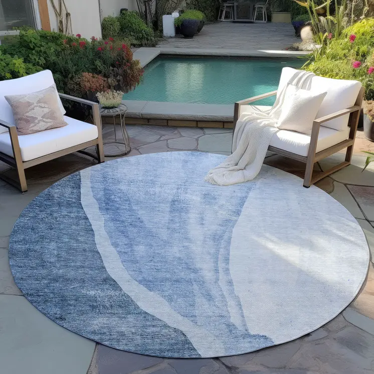 8' Navy Blue And Sky Blue Round Abstract Washable Indoor Outdoor Area Rug