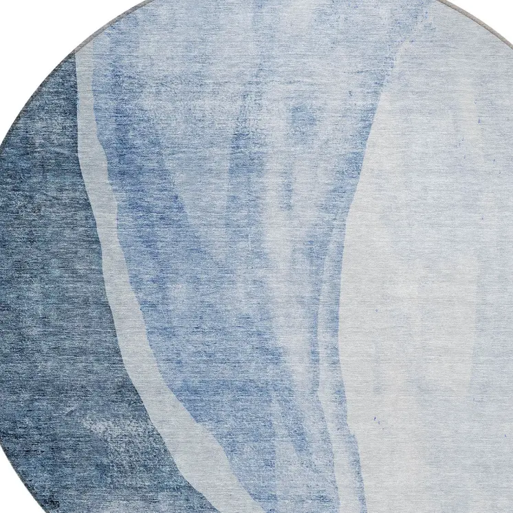 8' Navy Blue And Sky Blue Round Abstract Washable Indoor Outdoor Area Rug
