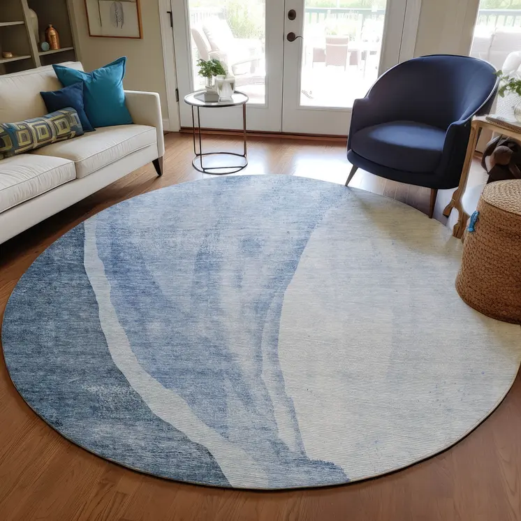 8' Navy Blue And Sky Blue Round Abstract Washable Indoor Outdoor Area Rug