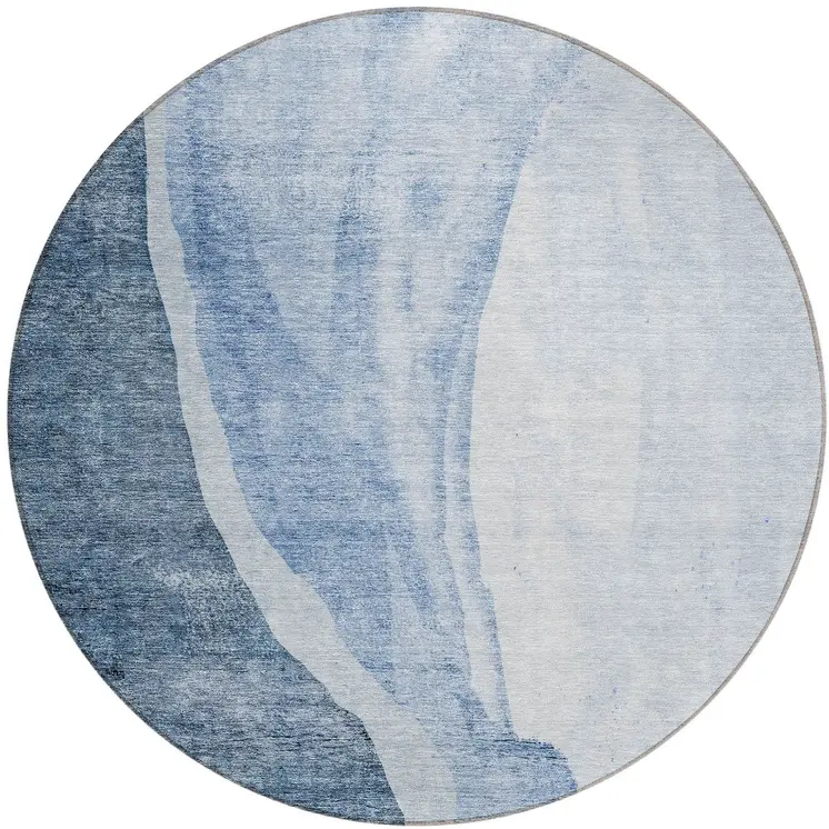 8' Navy Blue And Sky Blue Round Abstract Washable Indoor Outdoor Area Rug