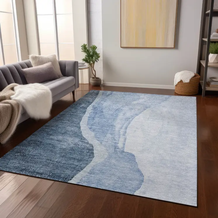 9' X 12' Navy Blue And Sky Blue Abstract Washable Indoor Outdoor Area Rug