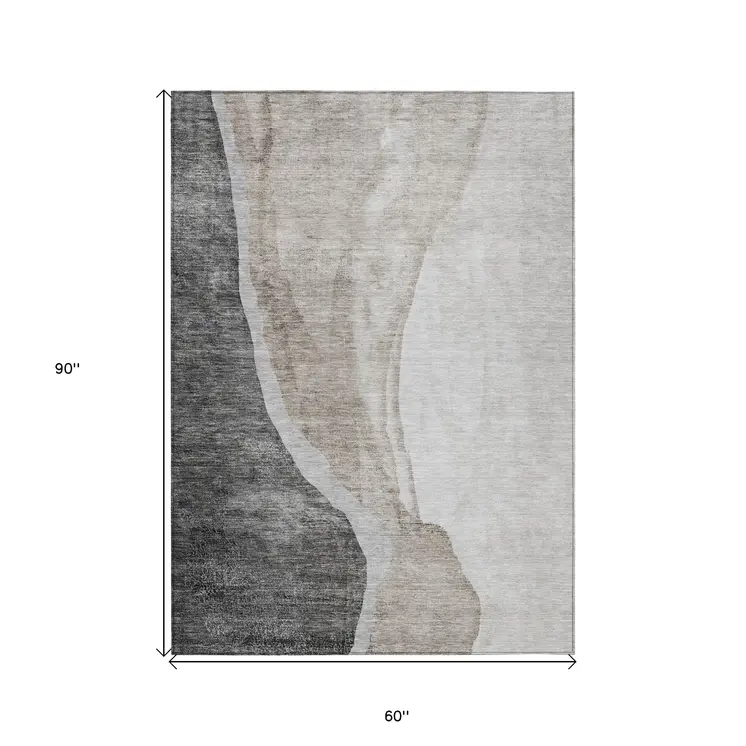 5' X 8' Charcoal Gray And Taupe Abstract Washable Indoor Outdoor Area Rug