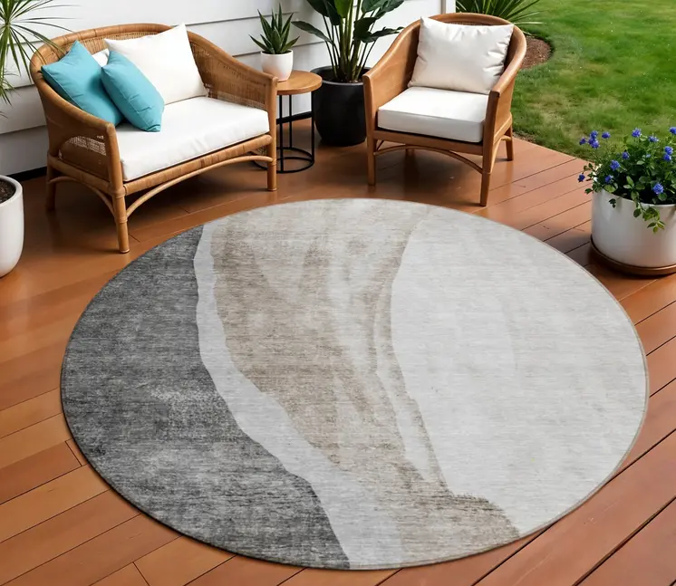 8' Charcoal Gray And Taupe Round Abstract Washable Indoor Outdoor Area Rug