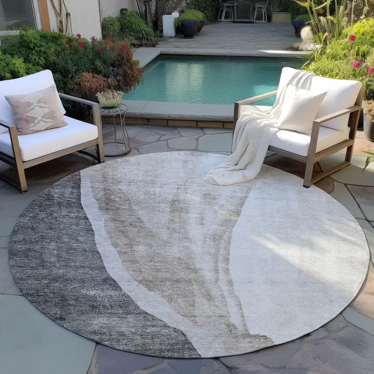 8' Charcoal Gray And Taupe Round Abstract Washable Indoor Outdoor Area Rug