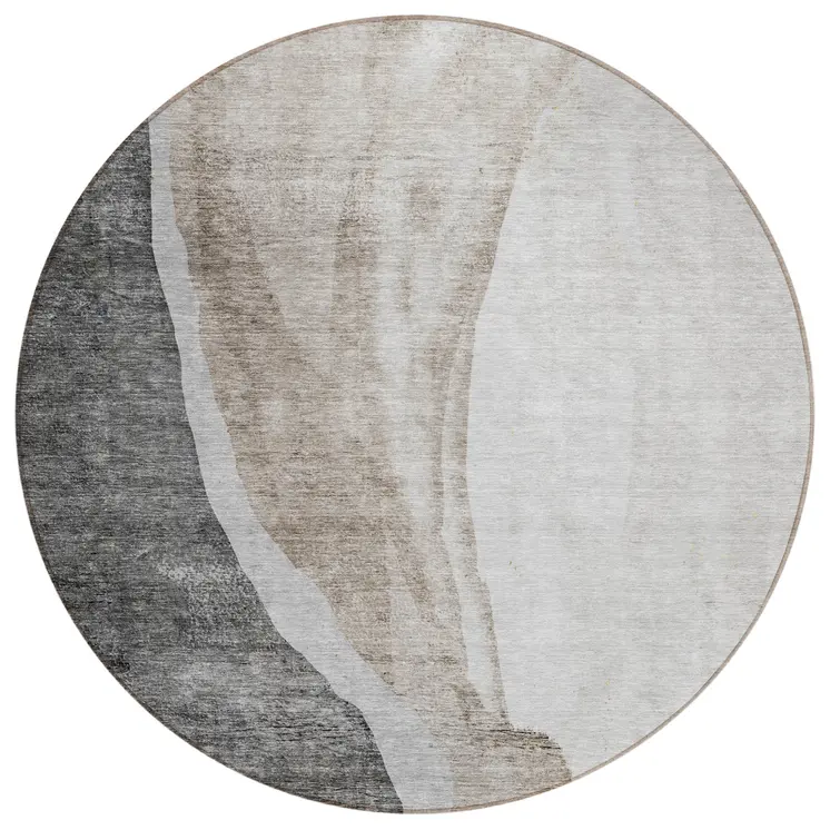 8' Charcoal Gray And Taupe Round Abstract Washable Indoor Outdoor Area Rug