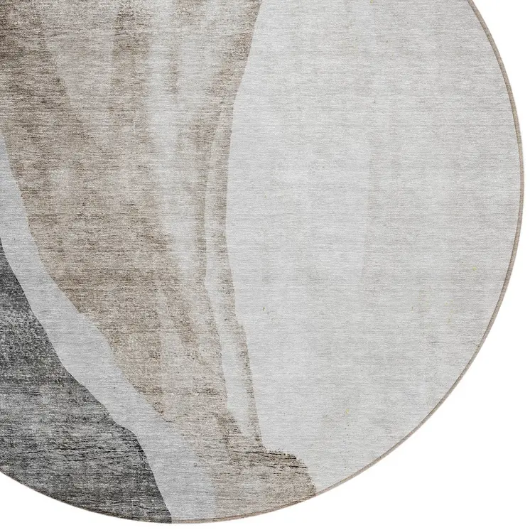 8' Charcoal Gray And Taupe Round Abstract Washable Indoor Outdoor Area Rug