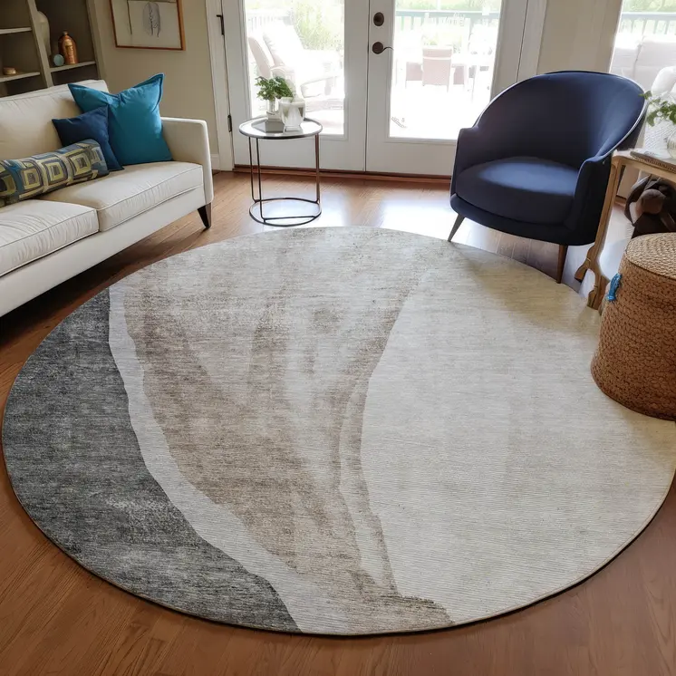 8' Charcoal Gray And Taupe Round Abstract Washable Indoor Outdoor Area Rug