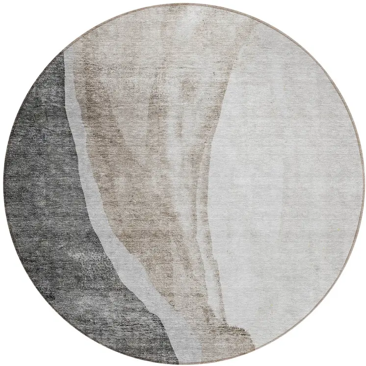 8' Charcoal Gray And Taupe Round Abstract Washable Indoor Outdoor Area Rug