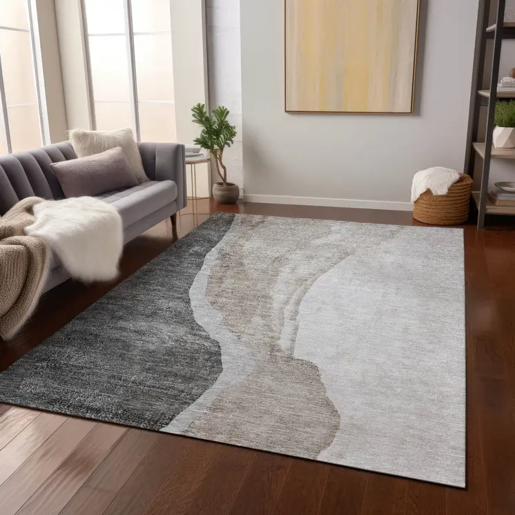 9' X 12' Charcoal Gray And Taupe Abstract Washable Indoor Outdoor Area Rug
