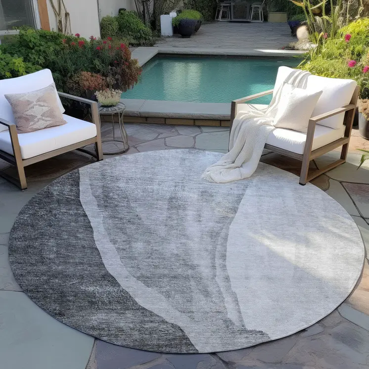 8' Gray Charcoal And Silver Round Abstract Washable Indoor Outdoor Area Rug