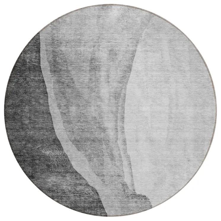 8' Gray Charcoal And Silver Round Abstract Washable Indoor Outdoor Area Rug