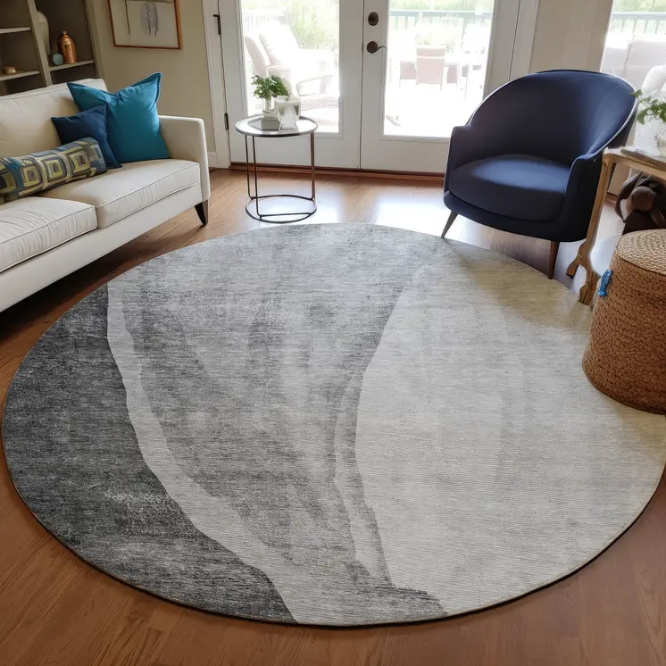 8' Gray Charcoal And Silver Round Abstract Washable Indoor Outdoor Area Rug
