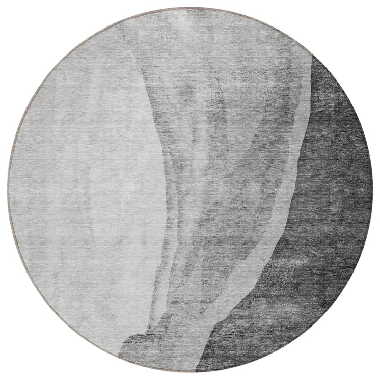 8' Gray Charcoal And Silver Round Abstract Washable Indoor Outdoor Area Rug