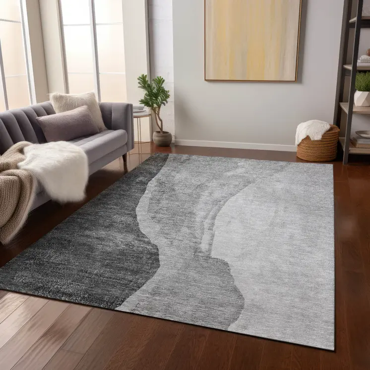 9' X 12' Gray Charcoal And Silver Abstract Washable Indoor Outdoor Area Rug