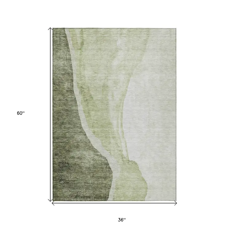 3' X 5' Olive Green And Beige Abstract Washable Indoor Outdoor Area Rug