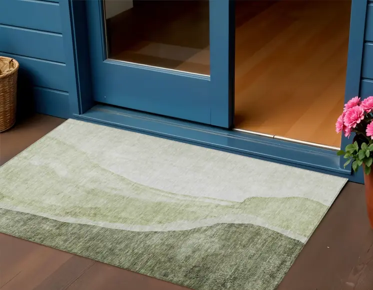 3' X 5' Olive Green And Beige Abstract Washable Indoor Outdoor Area Rug