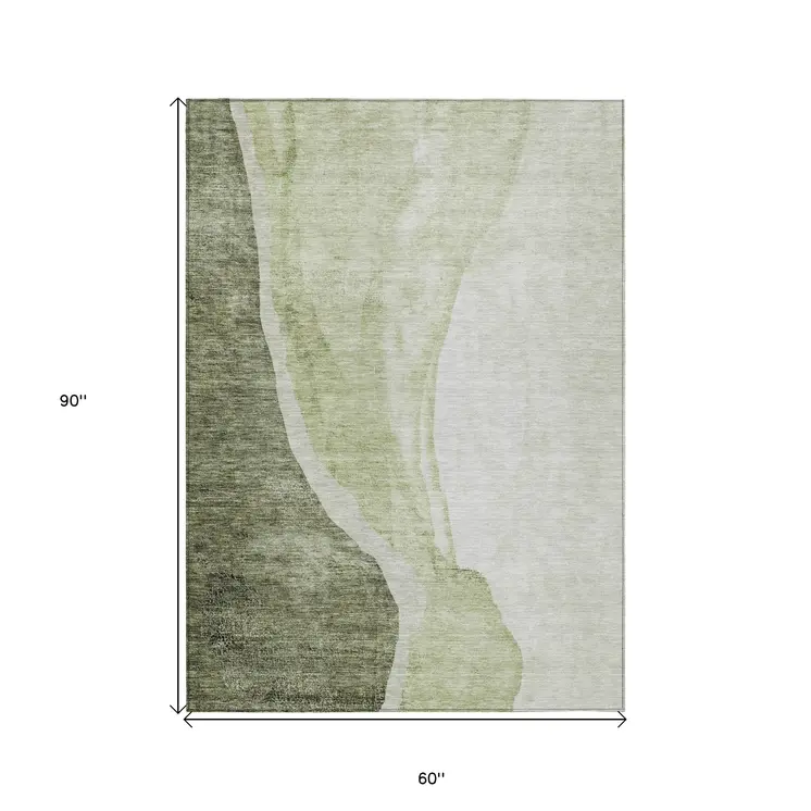 5' X 8' Olive Green And Beige Abstract Washable Indoor Outdoor Area Rug