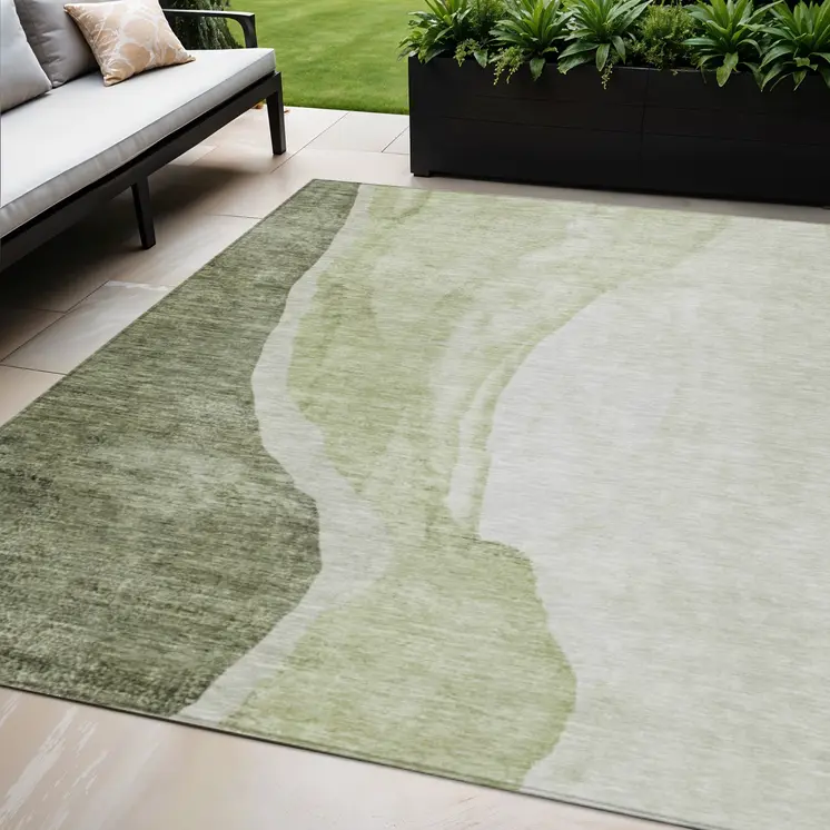 5' X 8' Olive Green And Beige Abstract Washable Indoor Outdoor Area Rug