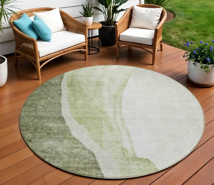 8' Olive Green And Beige Round Abstract Washable Indoor Outdoor Area Rug