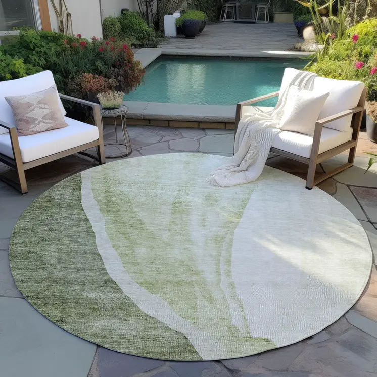 8' Olive Green And Beige Round Abstract Washable Indoor Outdoor Area Rug