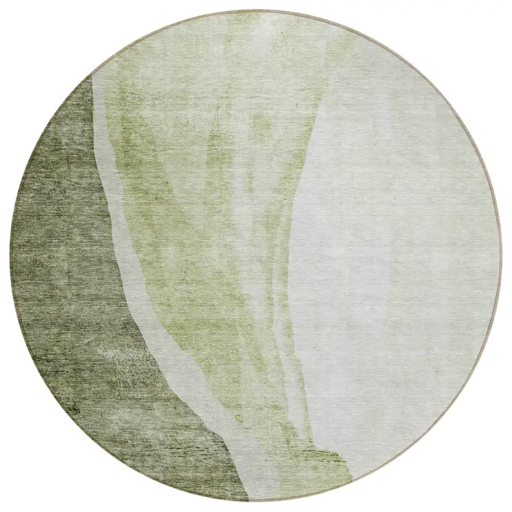8' Olive Green And Beige Round Abstract Washable Indoor Outdoor Area Rug
