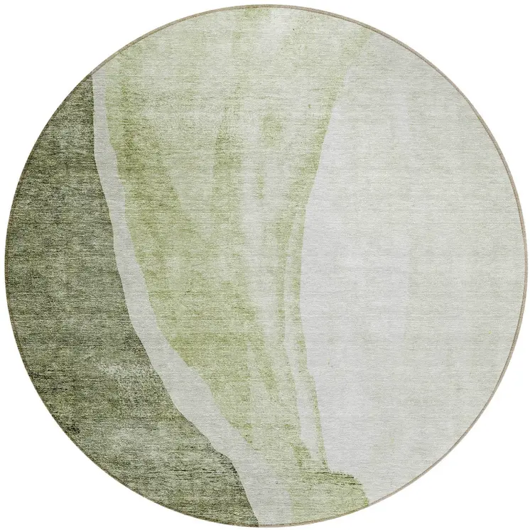 8' Olive Green And Beige Round Abstract Washable Indoor Outdoor Area Rug