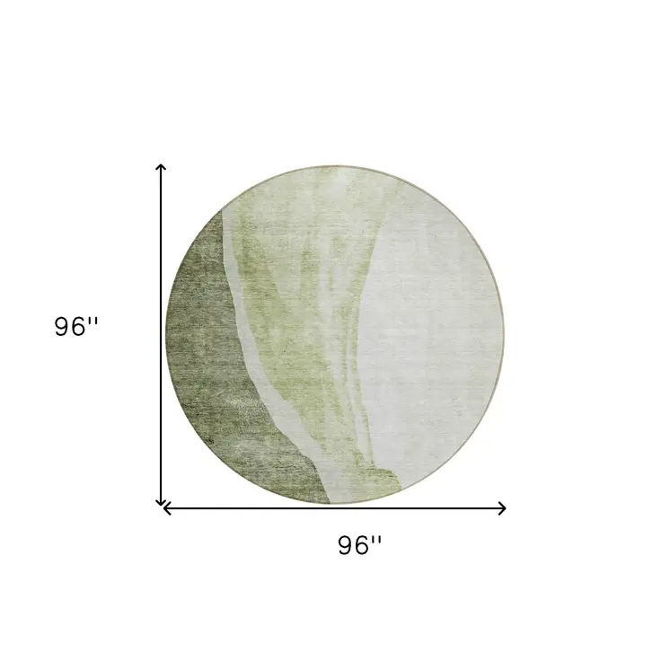 8' Olive Green And Beige Round Abstract Washable Indoor Outdoor Area Rug