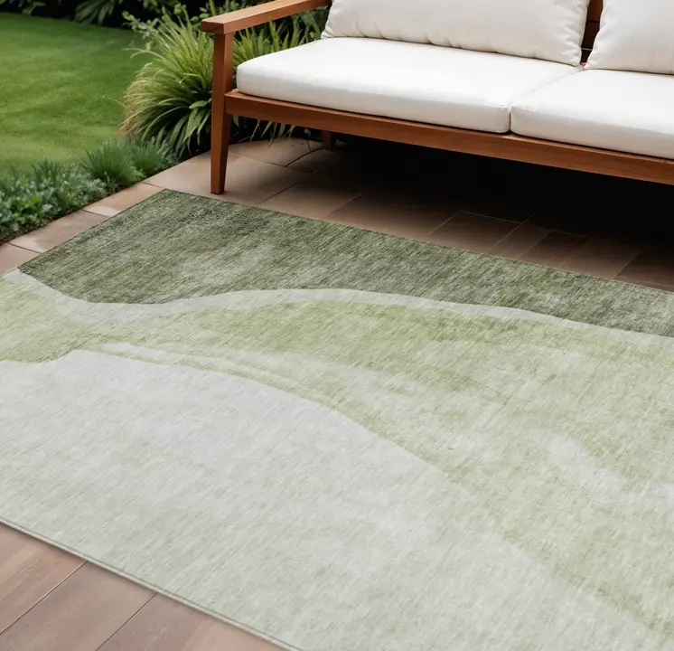9' X 12' Olive Green And Beige Abstract Washable Indoor Outdoor Area Rug