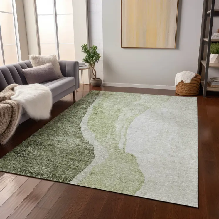 9' X 12' Olive Green And Beige Abstract Washable Indoor Outdoor Area Rug