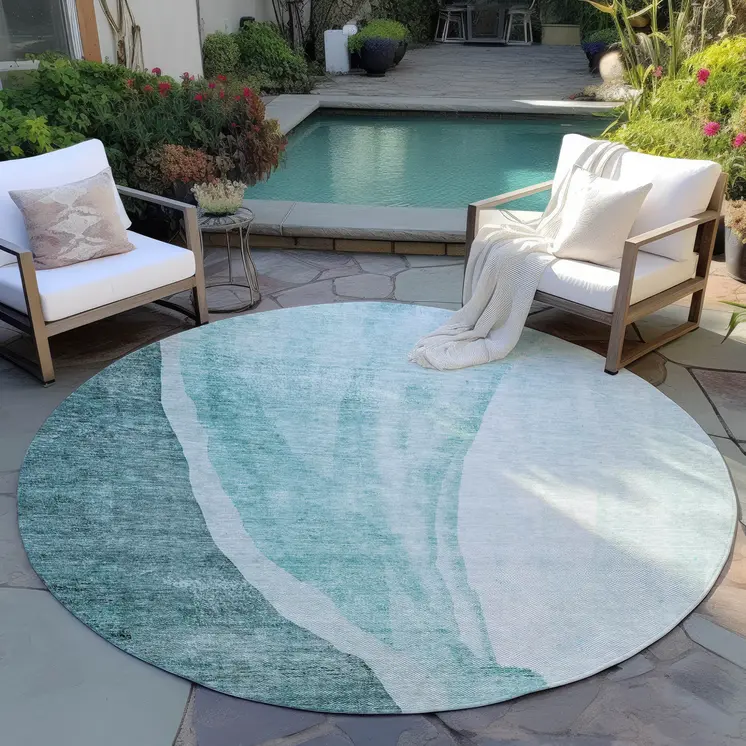8' Teal Blue Aqua And Mint Green Round Abstract Washable Indoor Outdoor Area Rug