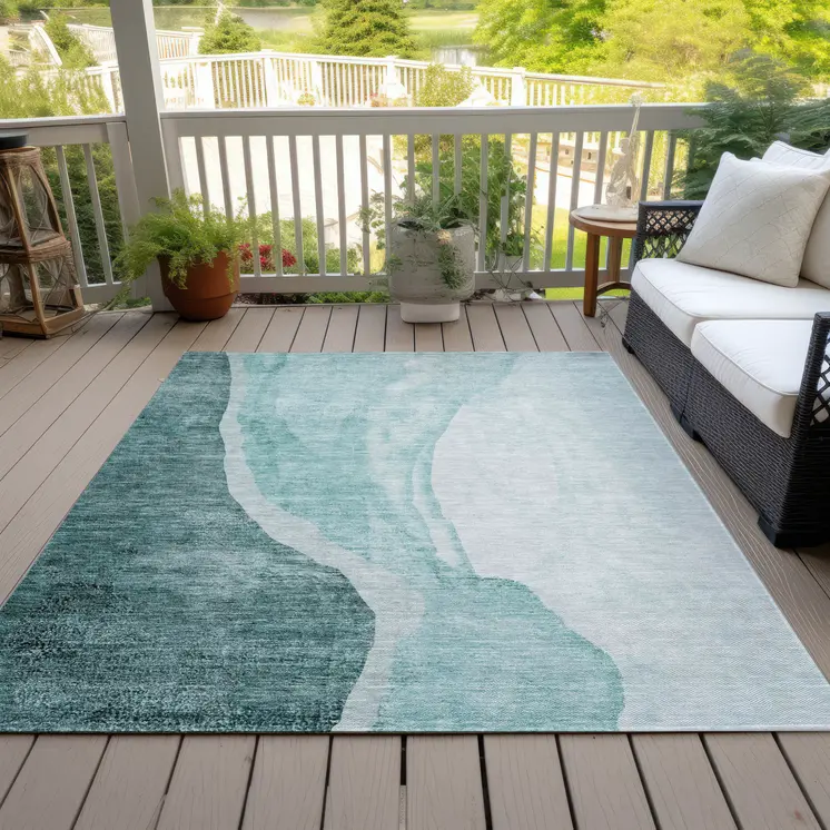8' X 10' Teal Blue Aqua And Mint Green Abstract Washable Indoor Outdoor Area Rug
