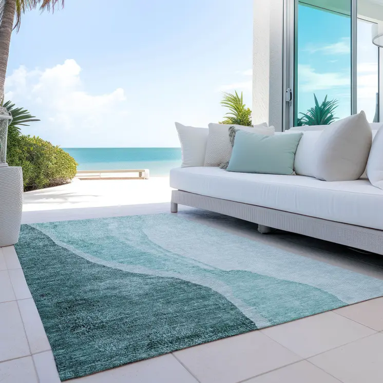8' X 10' Teal Blue Aqua And Mint Green Abstract Washable Indoor Outdoor Area Rug